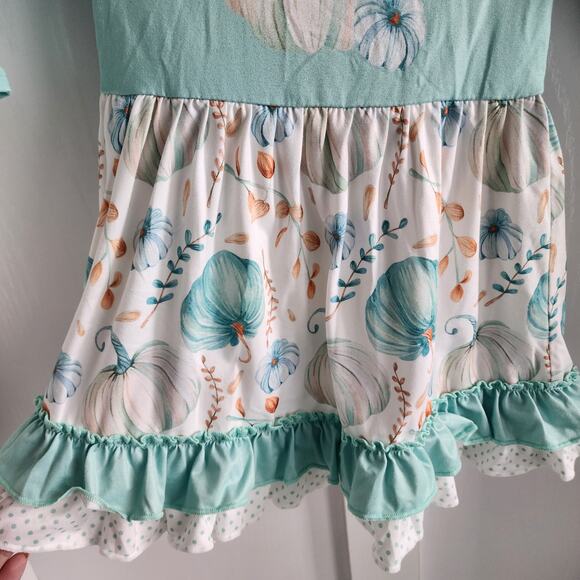 Small shop Pumpkin Fall Floral Mint Ruffle Dress Toddler Girl Size 2 Super Soft - Picture 2 of 5